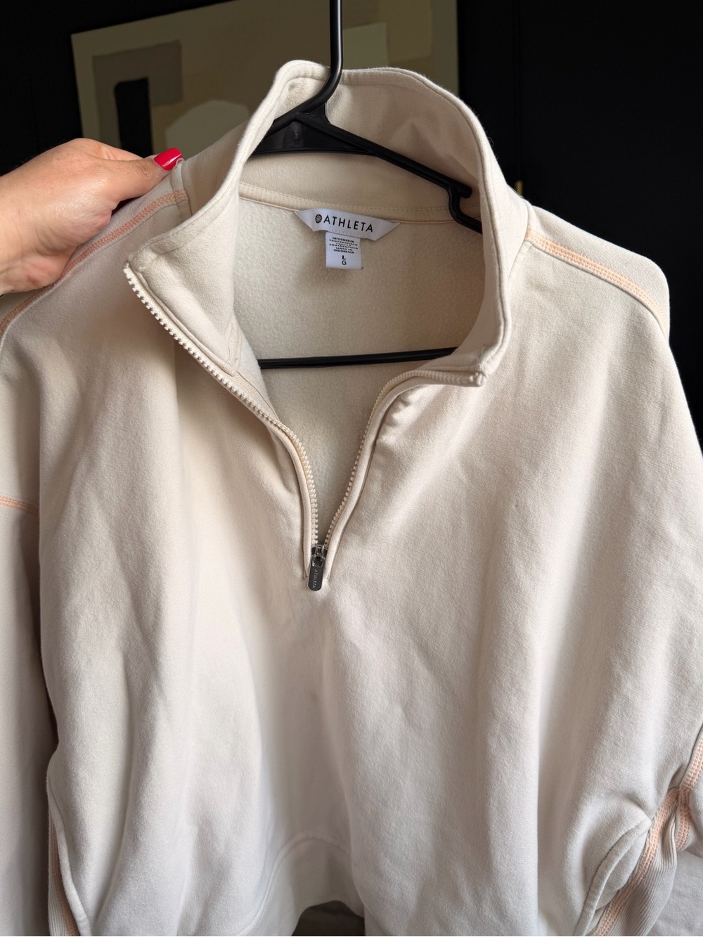 Athleta Ivory Half-Zip Pullover with Pale Peach Stitching